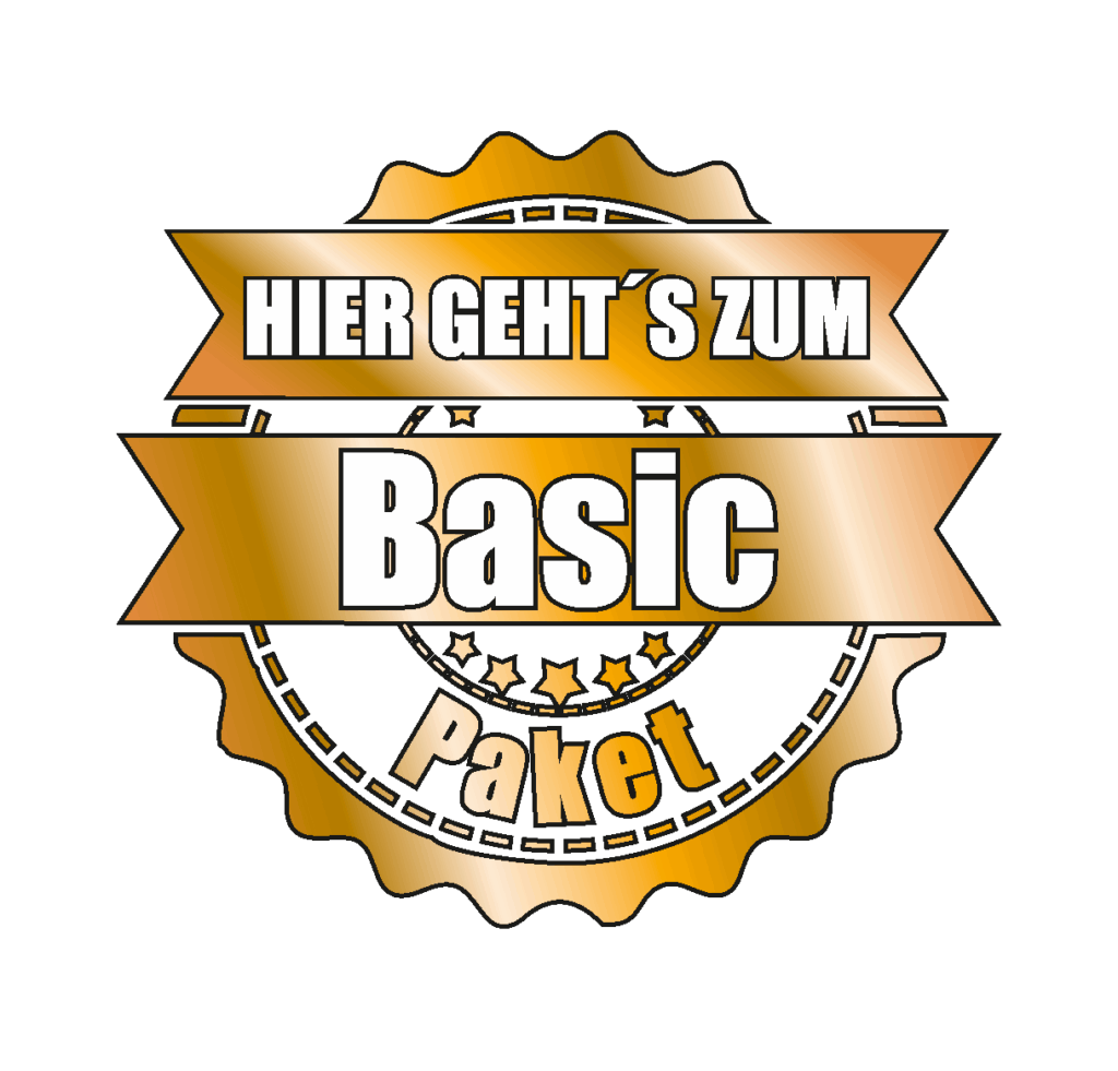 Bronzefarbenes Qualitätssiegel mit dem Text „Hier geht’s zum Basic Paket“ – Einstiegspaket für die Unterhaltsreinigung in Kitas