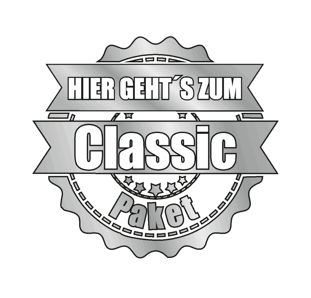 Silberfarbenes Siegel mit dem Text „Hier geht’s zum Classic Paket“ – Reinigungsangebot für die Unterhaltsreinigung in Kitas mit erweitertem Umfang