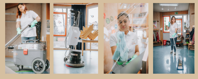 Reinigungsteam bei der professionellen Unterhaltsreinigung in einer Kita – mit Teppichreiniger, Einscheibenmaschine, Fensterreinigung und Bodenpflege.