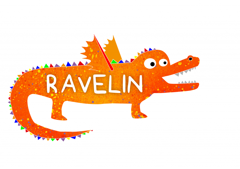 RAVELIN-Logo mit orangem Fantasietier – Referenz von Kitareinigung.de für kreative Unterhaltsreinigung in Kitas